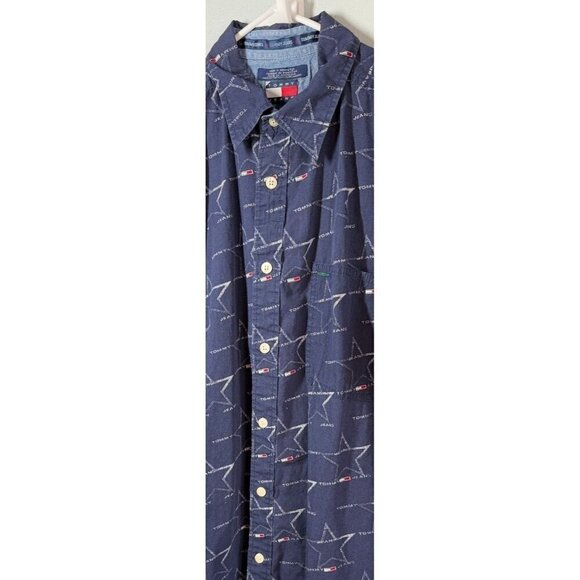 Tommy Hilfiger Mens Y2K Navy Blue Logo Casual Button Up Short Sleeve Shirt Large - Picture 5 of 9